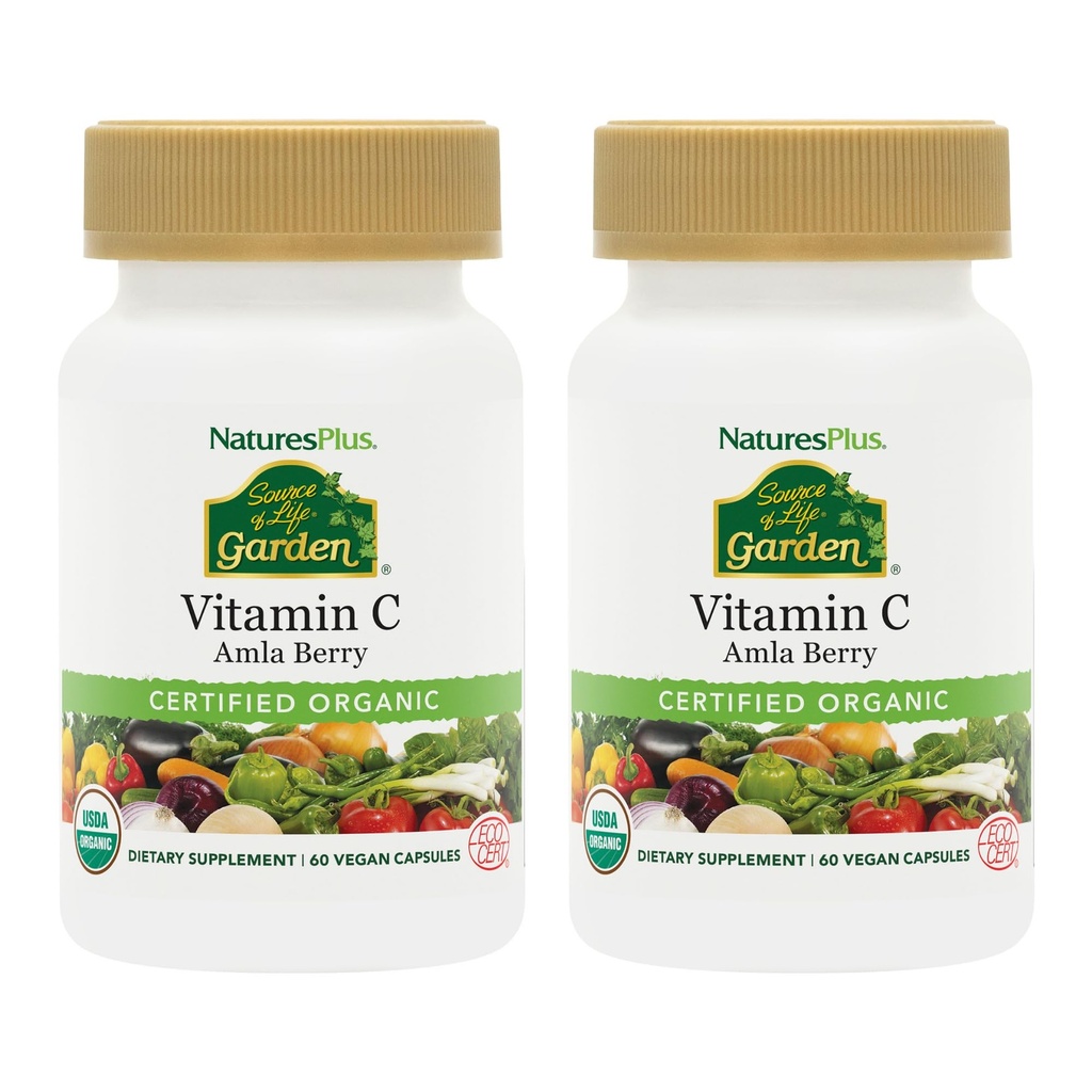 NaturesPlus Fonte di Life Garden Vitamin C - 60 Capsule Vegan, Confezione da 2 - Supporto di Sistema Immune - Certificato Organico, Non OGM, Gluten Free - 60 Total Servings