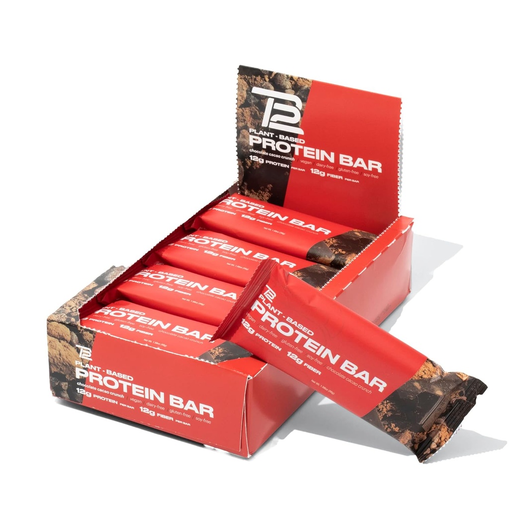 TB12 Plant Based Protein Bars di Tom Brady | High Protein, High Fiber, Low Sugar, Vegan, Gluten Free, Dairy Free, Non OGM, Healthy Protein Snacks | Fatto da tutti gli alimenti naturali integrali con antiossidanti, vitamine e minerali (Chocolate Cacao Crunch)
