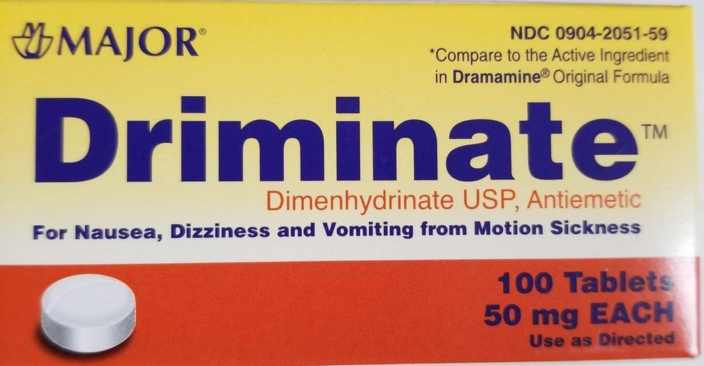 Maggiore Driminate® Dimenhydrinate 50mg 100 Ct per Nausea, Dizziness e Vomiting Da Motion Sickness
