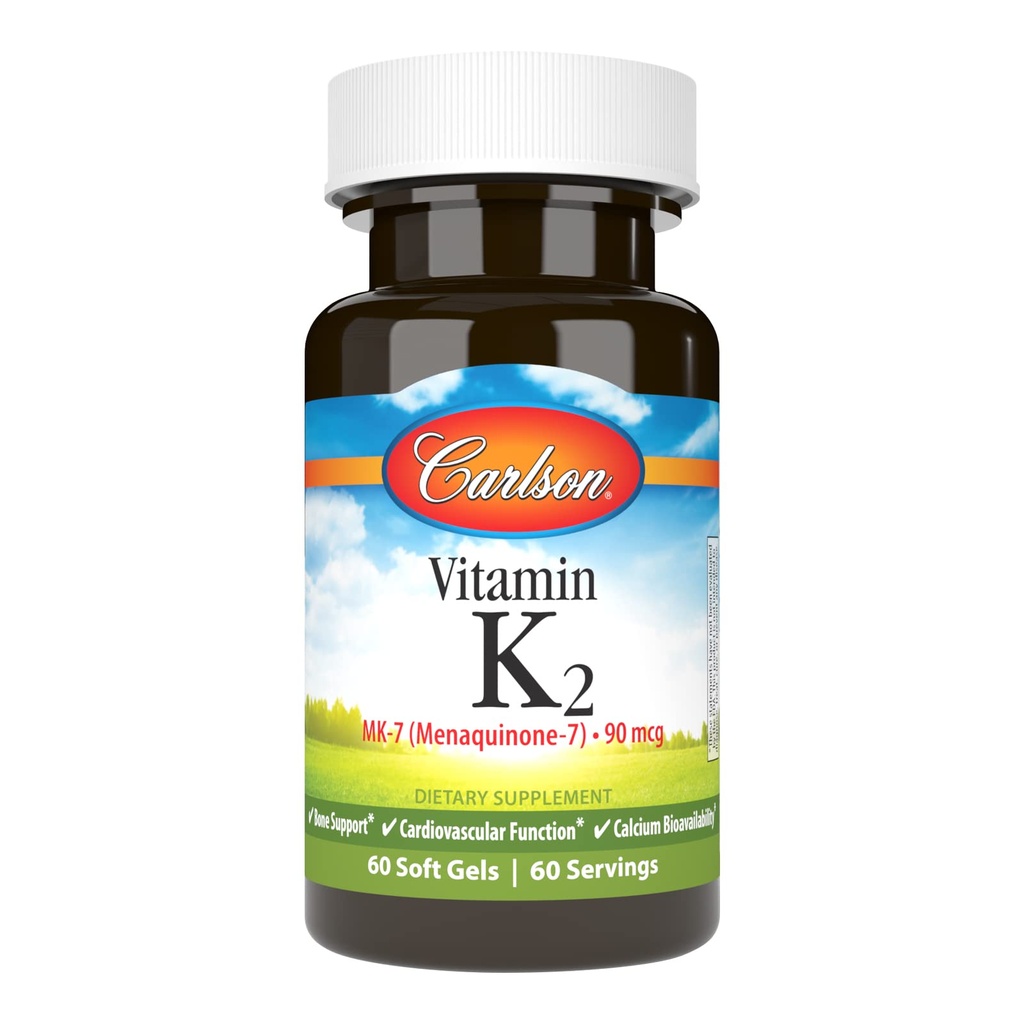 Carlson - Vitamina K2 MK-7 (Menaquinone), 90 mcg, Bone Support, Calcium Biodisponibilità, K2 Vitamin, Vitamina K-2, 60 Softgels