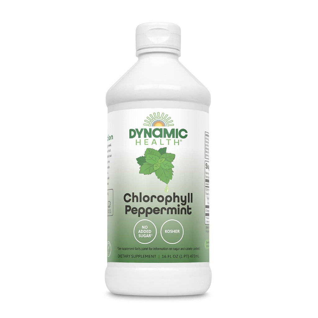 Dynamic Health Liquid Chlorophyll Peppermint 100 mg, Sodium Copper Chlorophyllins with Alfalfa and Mulberry Leaves, Plant Cleanse and Deodorizing, No Aggiunto Sugar, 16 Fl Oz