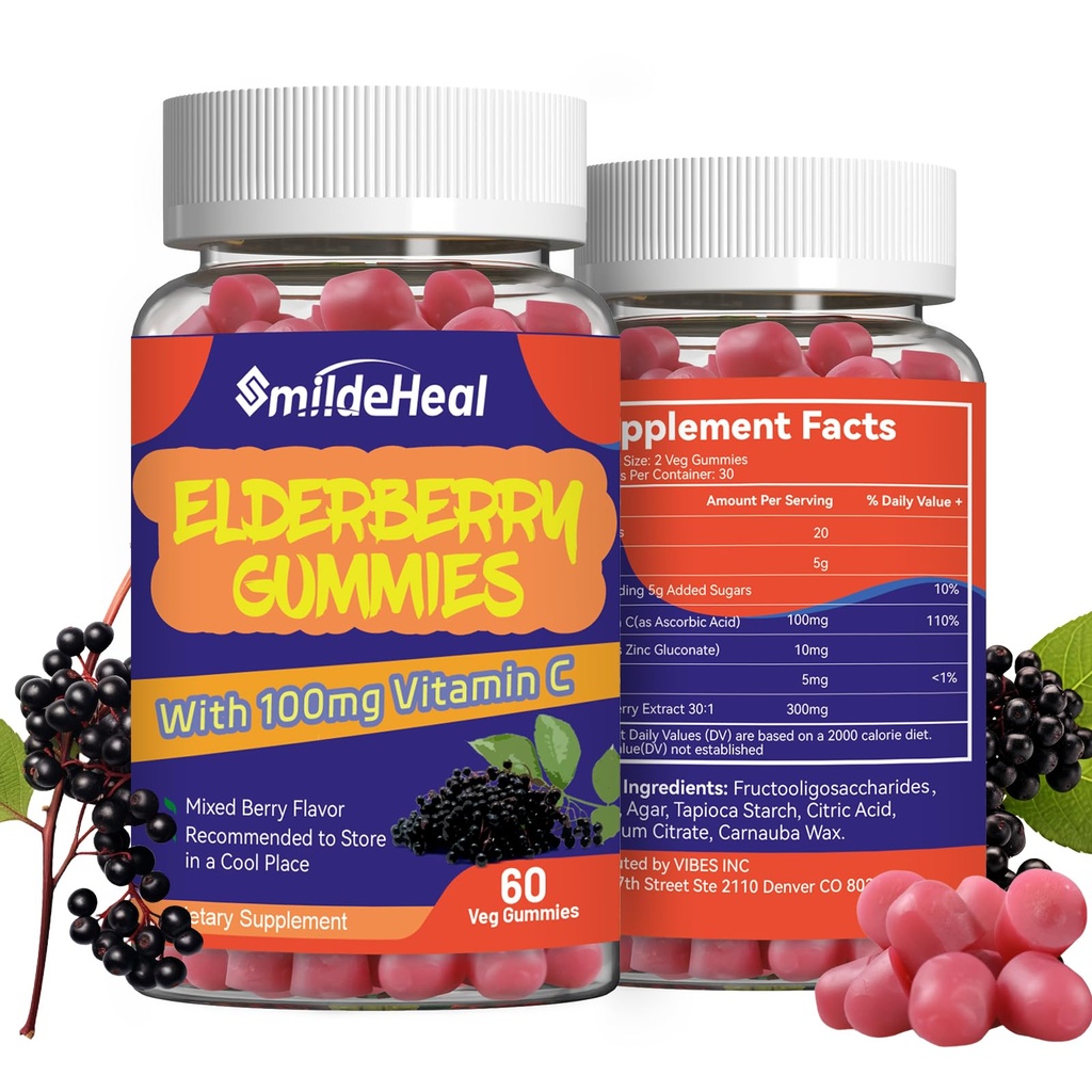 Gummie di sambuco, Estratto di sambuco 300mg, con vitamina C e zinco, Gummie di aroma di fragola, Non OGM, Gluten Free, Vegan-Friendly, Supporto immunitario, 60 Conte (Pack of 2)