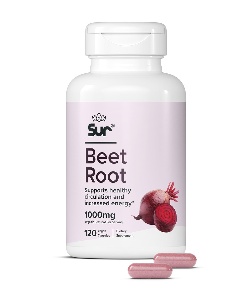 Sur Organic Beet Root Capsule 1000mg - Supporta Circolazione sana e maggiore energia - Nitric Oxide Superfood (120 capsule)