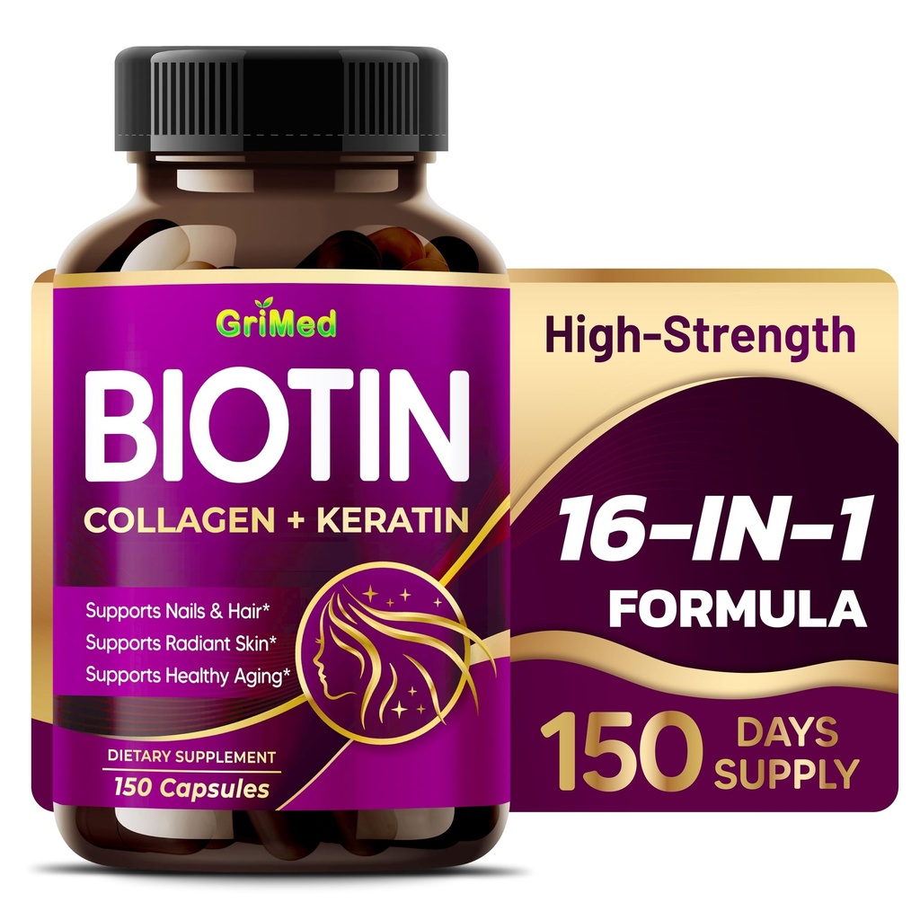 BIOTIN Grimed con collagene + Keratin 7,275mg Unghie forti & capelli, Pelle radiante, Invecchiamento sano- USA Made & Tested (150 Count (Pack of 1))