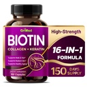 BIOTIN Grimed con collagene + Keratin 7,275mg Unghie forti & capelli, Pelle radiante, Invecchiamento sano- USA Made & Tested (150 Count (Pack of 1))