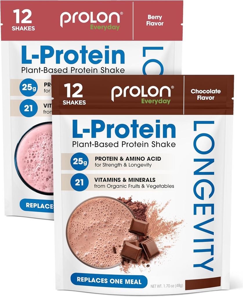 Prolon Longevity Plant Based Protein Powder | Sintesi & riparazione del muscolo, invecchiamento sano, aumentare le prestazioni | vitamine, senza glutine, aminoacidi | 25g di proteine | Cioccolato e bacche, 24 pacchetti
