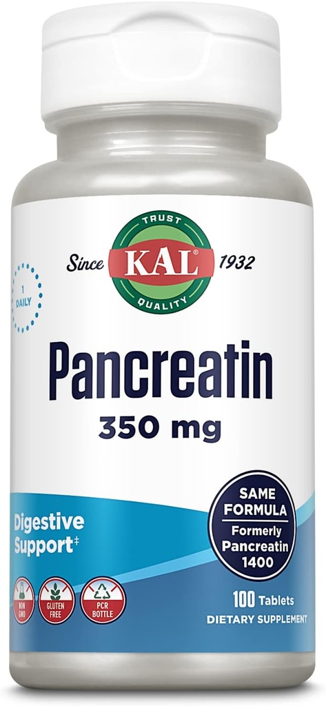 KAL Pancreatin 350mg, Enzimi Digestivi per Donne e Uomini, Enzimi Pancreatici per Supporto Sanitario Digestivo, Gluten Free, Non OGM, Rapid Disintegration, 60-Day Guarantee, 100 Serve, 100 Tablet