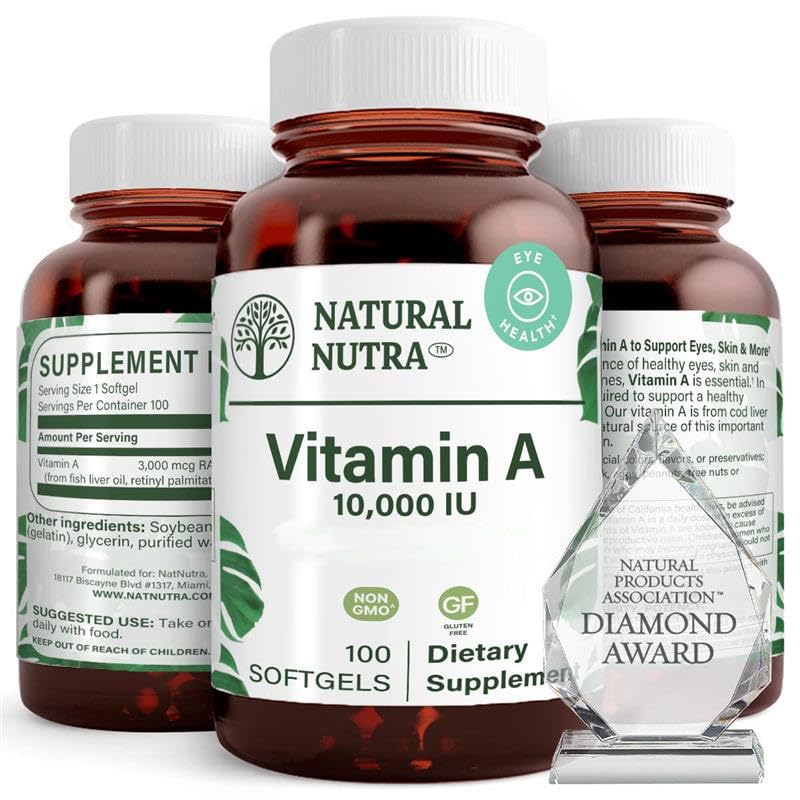 Vitamina Nutra Naturale A 10,000 IU Softgels – Alta potenza Occhi e Vitamine della pelle – Senza glutine - Supplemento per la salute della vista e della pelle – Olio di fegato di pesce per gli uomini e le donne, Gluten Free 250 Softgels (2 Pack)
