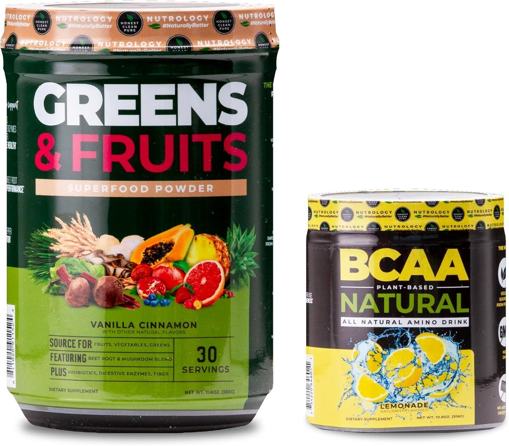 Nutrologia Greens & Fruits Polvere-Naturally Sorgente Superfood, Vanilla Cinnamon (30 Serve) BCAA naturale, pianta a base di polvere BCAA, Limonata Flavor (30 Serve)