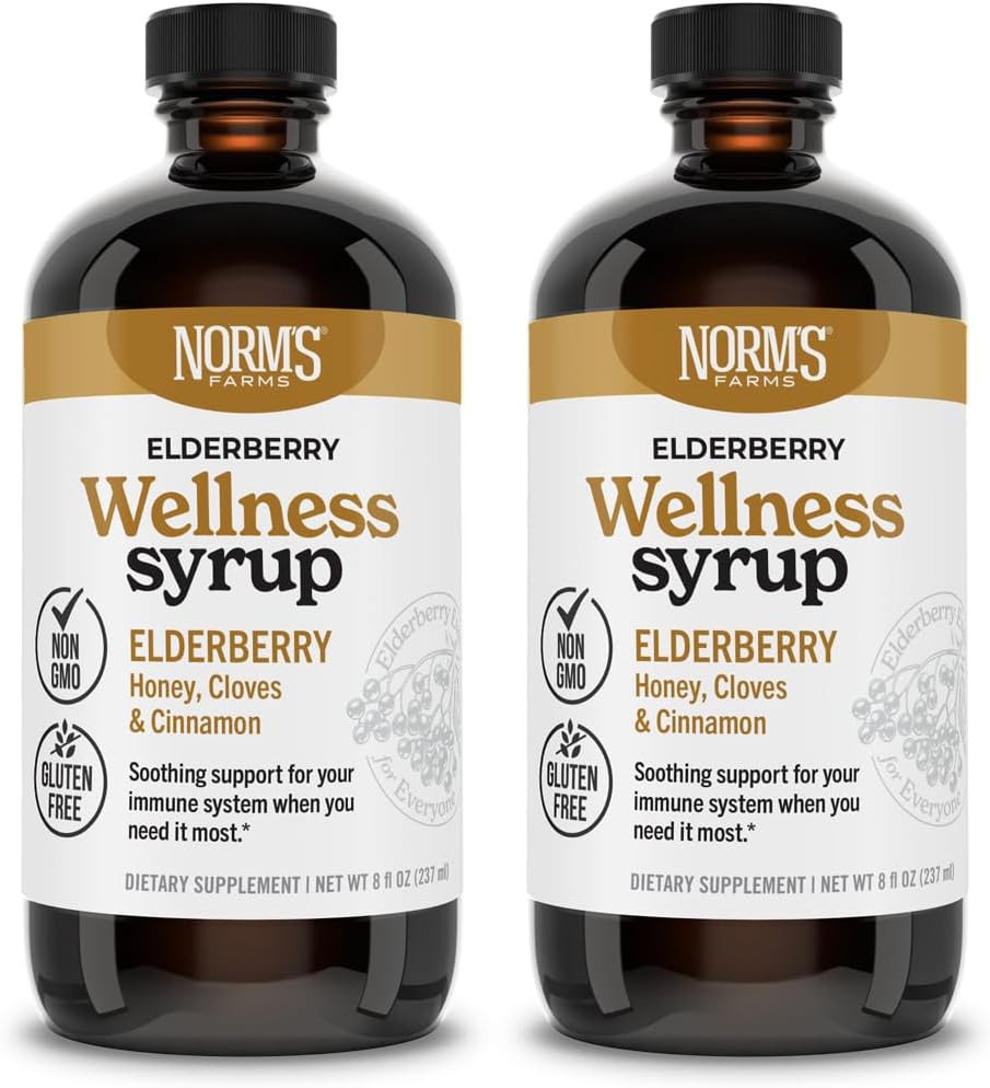 Norm's Farms Wellness Black Elderberry Syrup with Honey, Cinnamon & Cloves - Made in Italy, Natural Immune Support, No Alcohol or Fillers, Gluten-Free, Non-GMO, Vegan, Pure Elderberry Syrup - 2PK 8 Oz