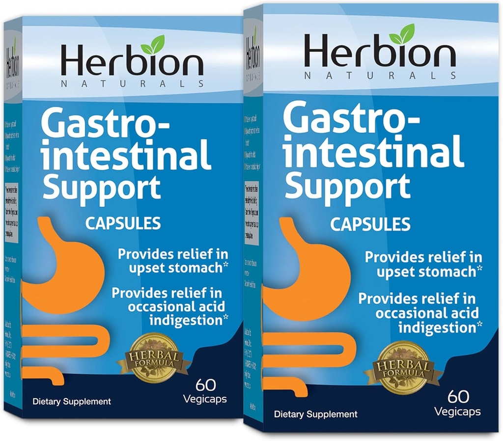 HERBION Naturals Supporto Gastro-intestinale Miscela di erbe per il sollievo di stomaco, Salute e Funzione Gastrointestinale, Indigestione di acido occasionale, Flora intestinale sana, 60 Vegicaps - Confezione da 2