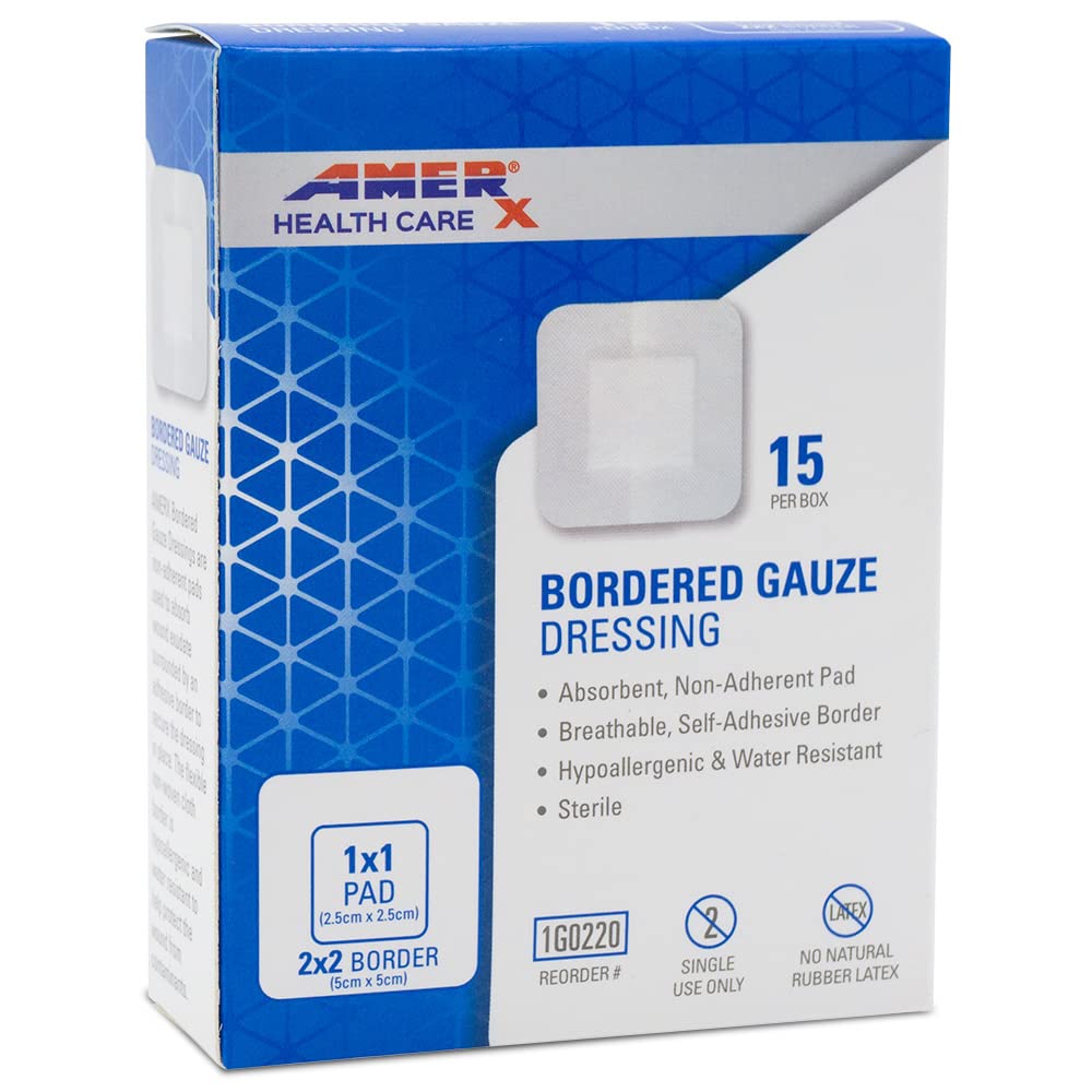 2" x 2" Dressing (1x1 Pad) AMERX Bordered Gauze - Adesive Bandages - Water Resistant Barrier - Self Adhesive Border - traspirante, Ipoallergenico - 15 Pads per Box