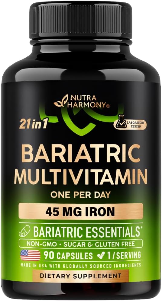 NUTRAHARMONY Bariatric Multivitamin - 45 mg Iron Supplements - Made in USA - per le donne e gli uomini - All-in-One, 21 vitamine essenziali - Supporto per maniche gastriche - Light Tropical Flavor - 90 capsule