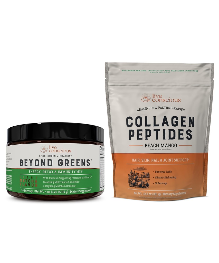 Live Conscious Beyond Greens & Collagen Peptides Peach Mango| Caffè Mushroom alternativa bassa caffeina + capelli, pelle, chiodo e supporto misto