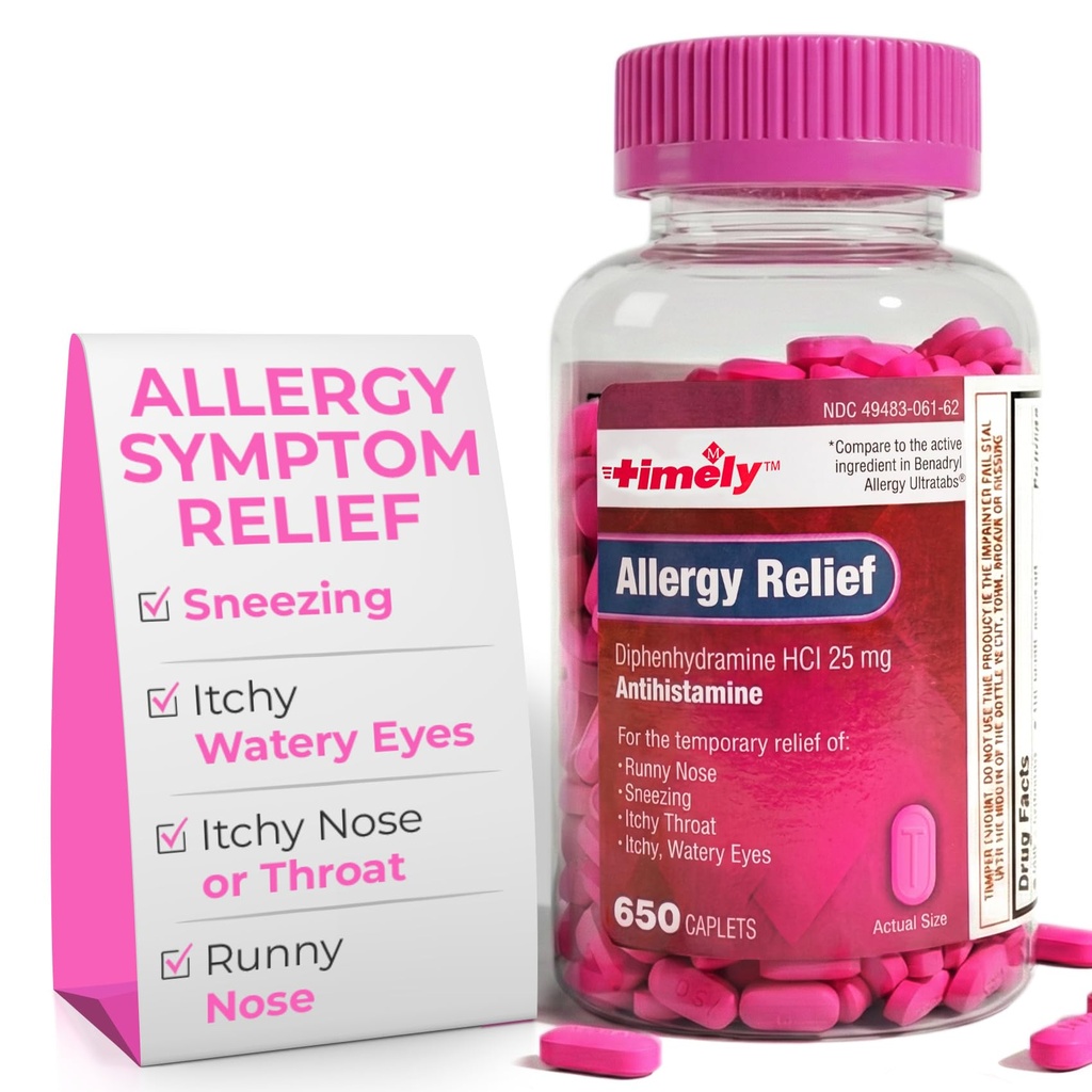 Allergia tempestiva Difenidramina HCl 25 mg - 650 Caplets - Rispetto al Benadryl Allergy Ultratab - Antistamina - Medicina Allergia - Runny Nose Relief per Adulti - Trattamento Occhi Watery