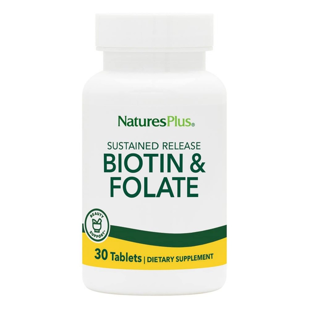 Natures Plus Biotin & Folic Acid (metilfolato), rilascio prolungato - 30 compresse vegetariane - Vitamina B7 & Vitamina B9, Supporta la crescita dei capelli, Energy Booster, Vitamina Prenatale - Gluten-Free - 30 Serve