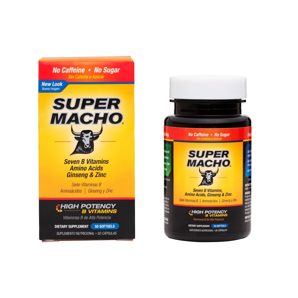 Super Macho Integratore alimentare con Alta Potenza Zinco & 7 B Vitamine, Senza Preservativi, Zucchero o Caffeina, Made in USA, 50 Softgels (1 Confezione)