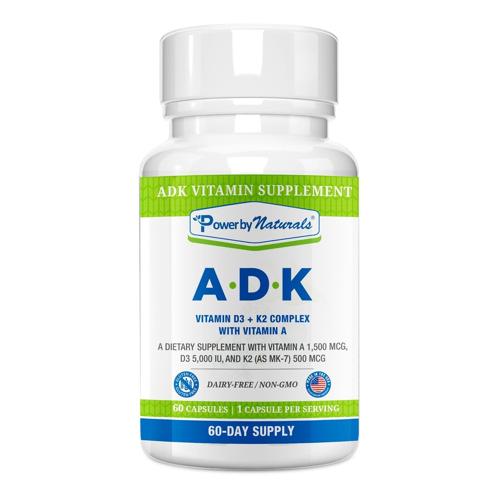 Power By Naturals ADK Vitamin Supplement - High Potency Blend of VIT A D3 K2 Vitamin 5000 iu - Support Bone, Heart & Immune Health - 60 capsule (2 mesi di alimentazione)