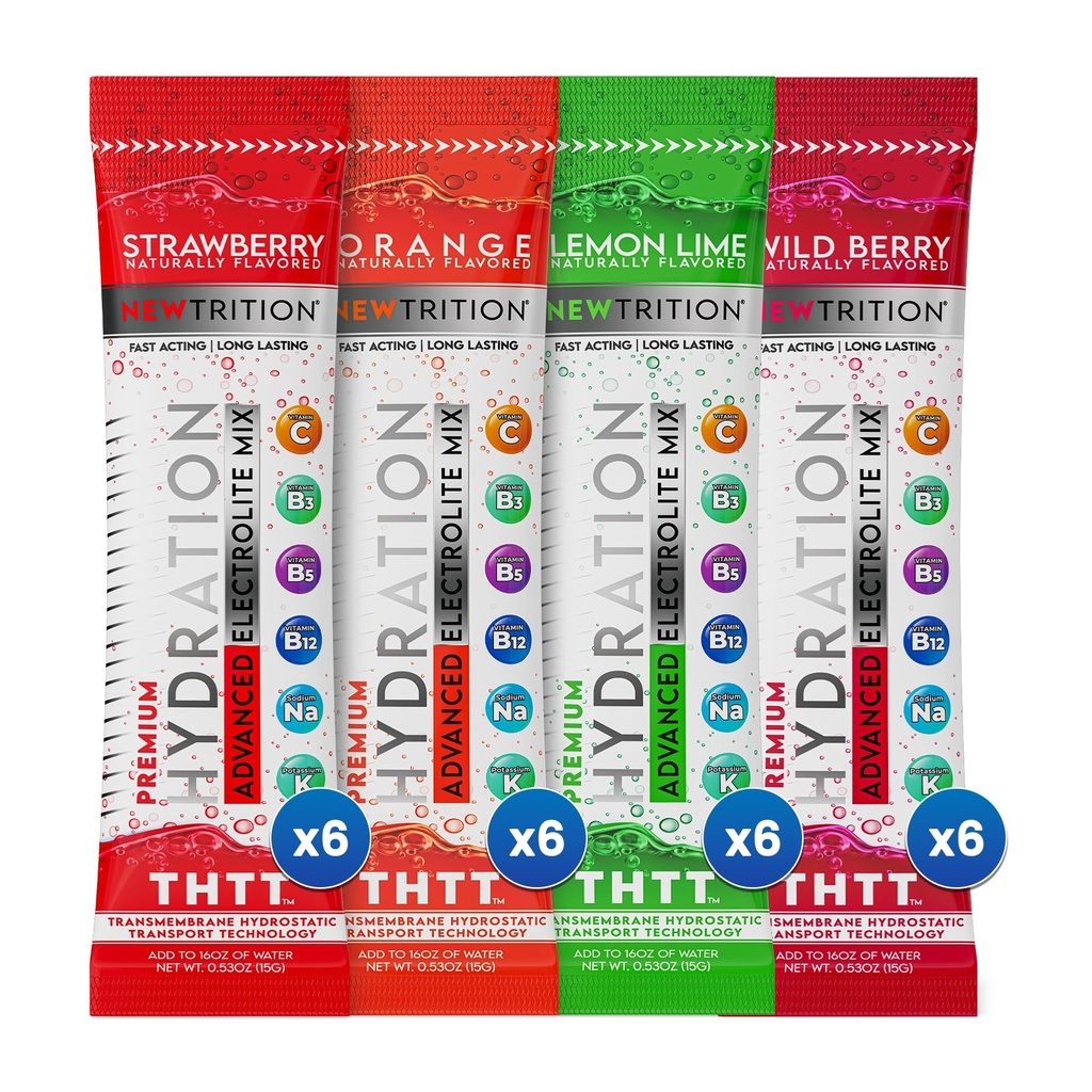 Polvere di idratazione, 4 aromi, confezione di 24 confezioni di polvere di elettrolito, idratazione naturale aromatizzata per acqua, elettroliti di Hydrate ad azione rapida con vitamine B&C, Energy & Recovery
