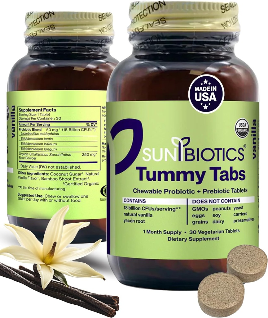 SUNBIOTICS Tummy Tabelle - Chewable Probiotic e Prebiotici con 18 miliardi di CFU di 4 Strains Probiotici per Buona Gut Flora, Immune System, & Balanced Microbiome - Vanilla, (Pack of 1)