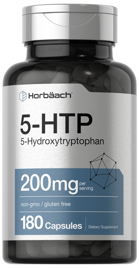 Horbäach 5HTP 200mg Supplemento | 180 Capsule | 5 Hydroxytryptophan | Griffonia Simplicifolia | Extra Strength | Non OGM, Gluten Free