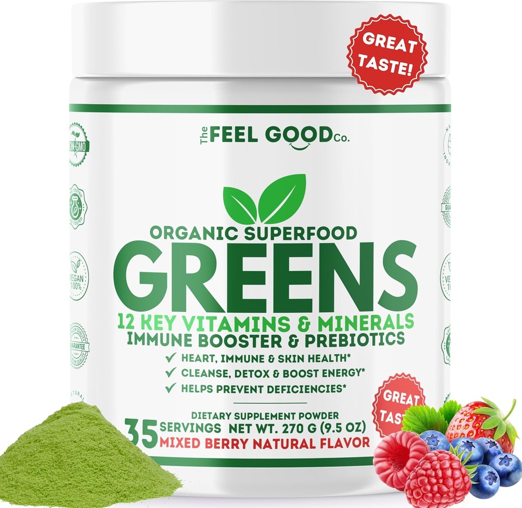 The Feel Good Super Greens Powder - Succo verde organico, erba di grano No Aggiunto Zucchero, Spirulina, clorella, probiotici, enzima digestivo, Ricco antiossidante, Immunity Boost Green Superfood, 35 SVG, Quotidiano