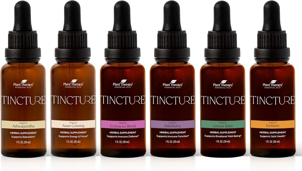 Terapia vegetale Organic Tinctures Beginner Set 30 mL Ciascuno di organico Ashwagandha, Ginseng asiatico, Echinacea Blend, Elderberry, Lemon Balm & Turmeric