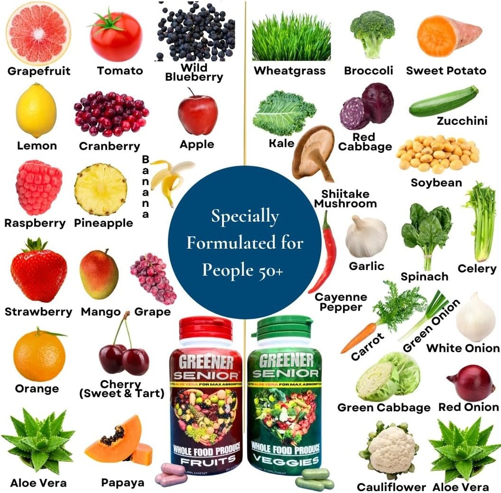 Fruit & Veggie Whole Food Supplement - Formulato per gli anziani per Max Absorption - 90 capsule di frutta e 90 capsule di verdure - 1 set