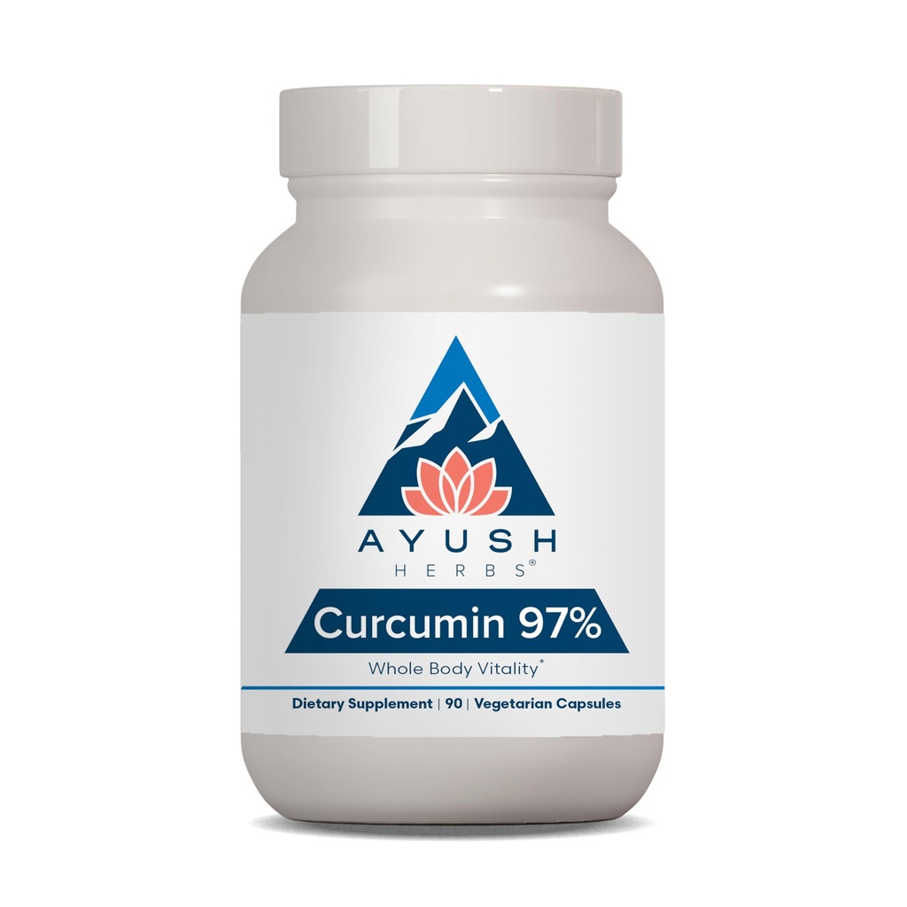 Ayush Erbe Curcumina 97% - Integratori Curcumina, Premium Supplemento di radice curcuma, Curcuminoidi per donne e uomini, Adulti, Supporto misto Premium, Forza & Vitalità - 90 capsule vegetariane (1 Conte)