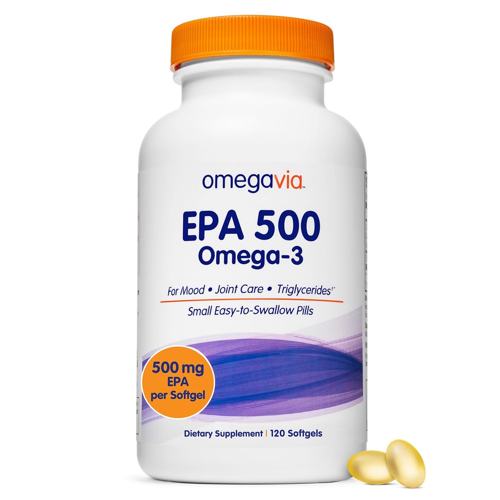 OmegaVia EPA 500, Integratore di olio di pesce Omega-3 purificato, 500 mg EPA in forma di trigliceride, Olio di pesce Burpless, Non OGM, Senza glutine, IFOS 5-Star, 120 Softgels