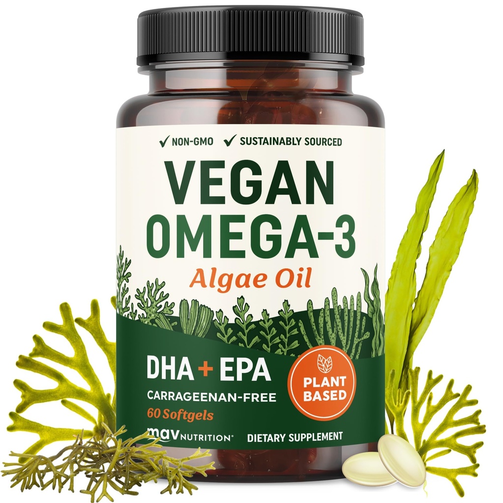 Vegan Omega 3 Algae Oil | Plant Based DHA EPA | Sustainable Sourced, No Carrageenan, Non GMO | Cuore, cervello e salute degli occhi | Fish Oil Alternative | Algae Omega 3 Supplemento | 60 Softgel Capsule