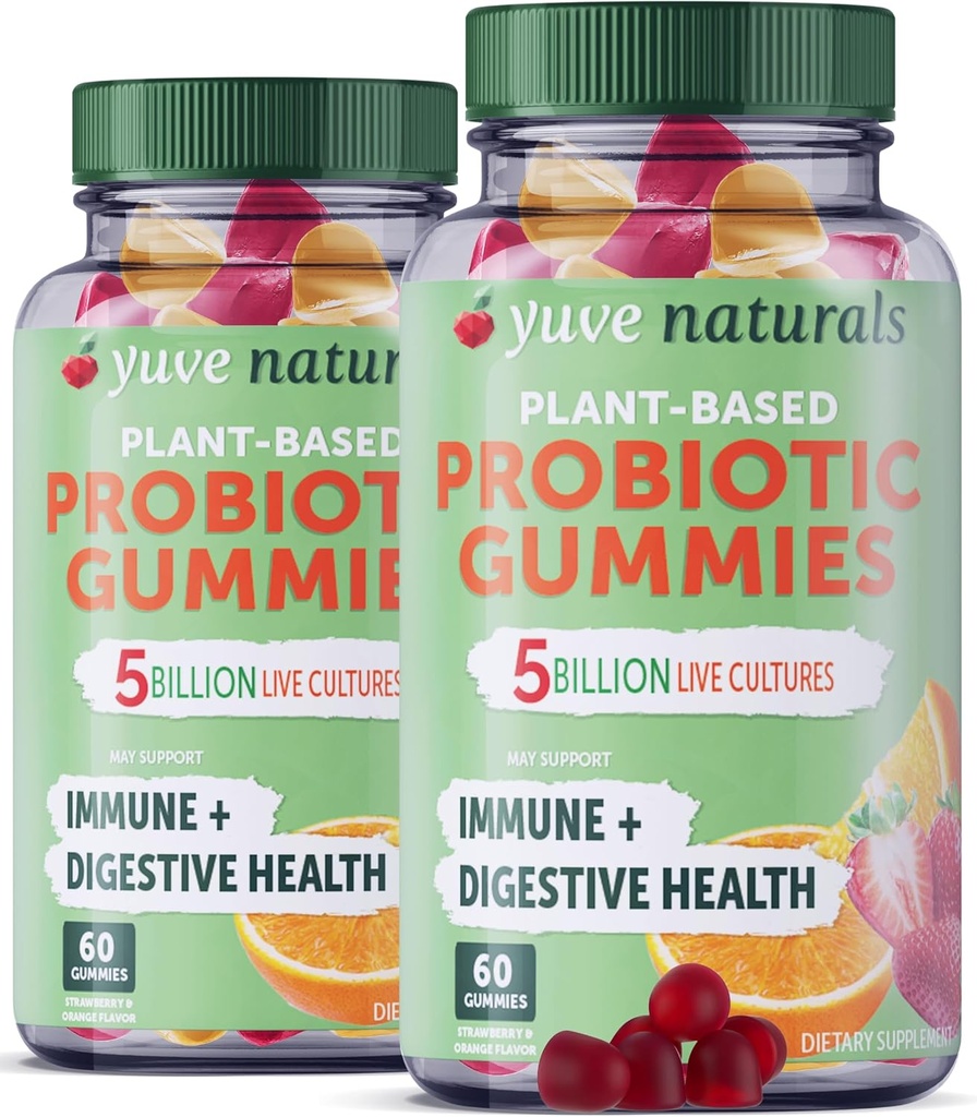 Gummie Probiotici Yuve Vegan, Probiotici per Donne & Uomini, Probiotici Gommoni senza zucchero & Gluten, Supporto Digestivo & Immune, 5 miliardi di CFU, Aiuta con costipazione, Bloating & Leaky Gut - 60ct (2 Pack)