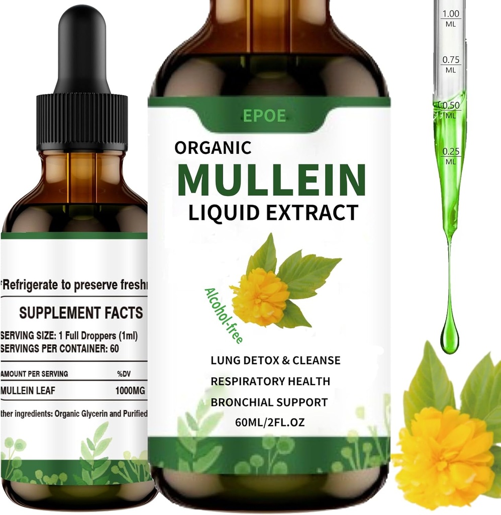 Gocce liquide con Foglia di Mullein, Gocce di Mullein per polmoni Organic Booster Alcohol Free, Cleanse polmonare per Immune e Respiratory Health Support, Bianco