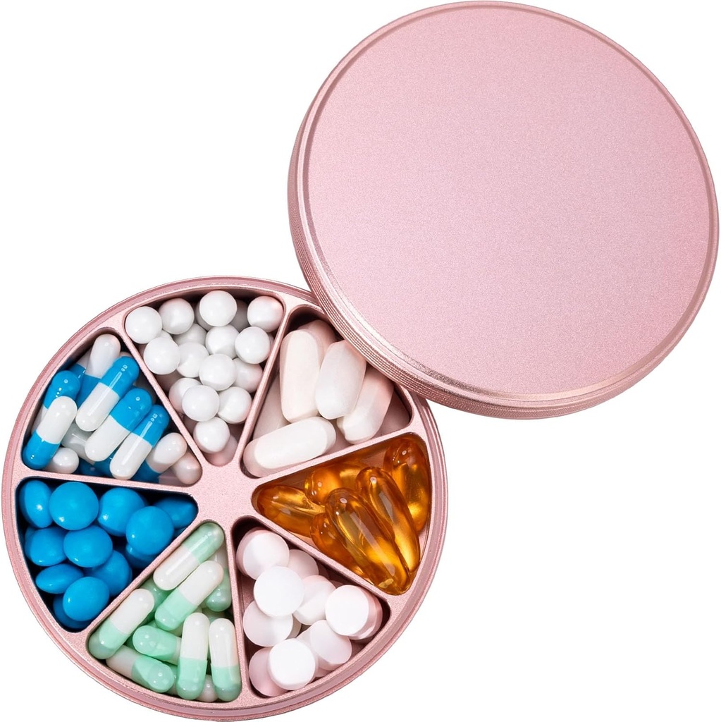 Metal Pill Organizer 7 scomparti Dispenser Pillola - Heavy Duty Pill Box Impermeabile Pillola Contenitore Large Daily Pill Case Medicine Holder for Medicine for Medicine Vitamins Fish Oils Supplements, 0.39lb (Pink)