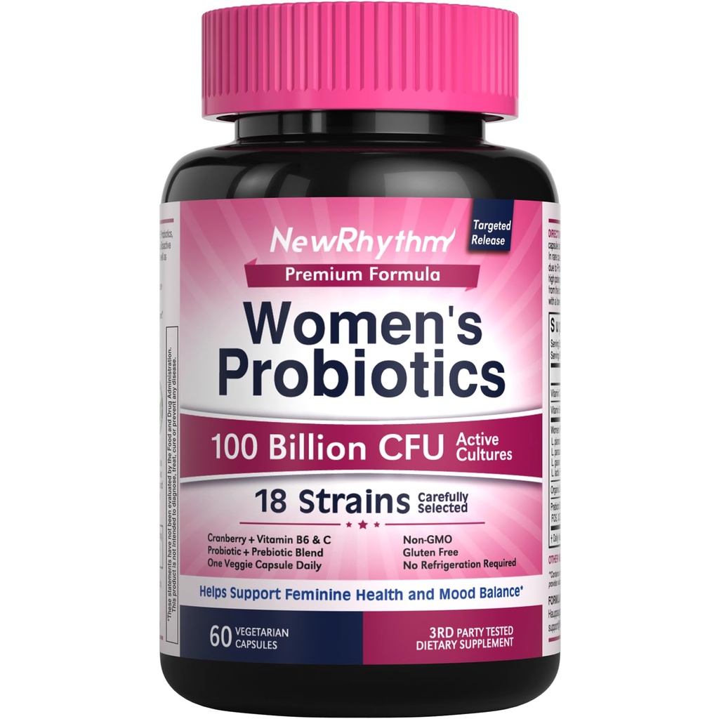 Probiotici NewRhythm per le donne, P-5-P, Vitamina C & Cranberry Organico, 100 miliardi di CFU 18 Strains, Prebiotici & Probiotici Vaginali per la salute digestiva & PH Balance, 60 capsule, No Dairy