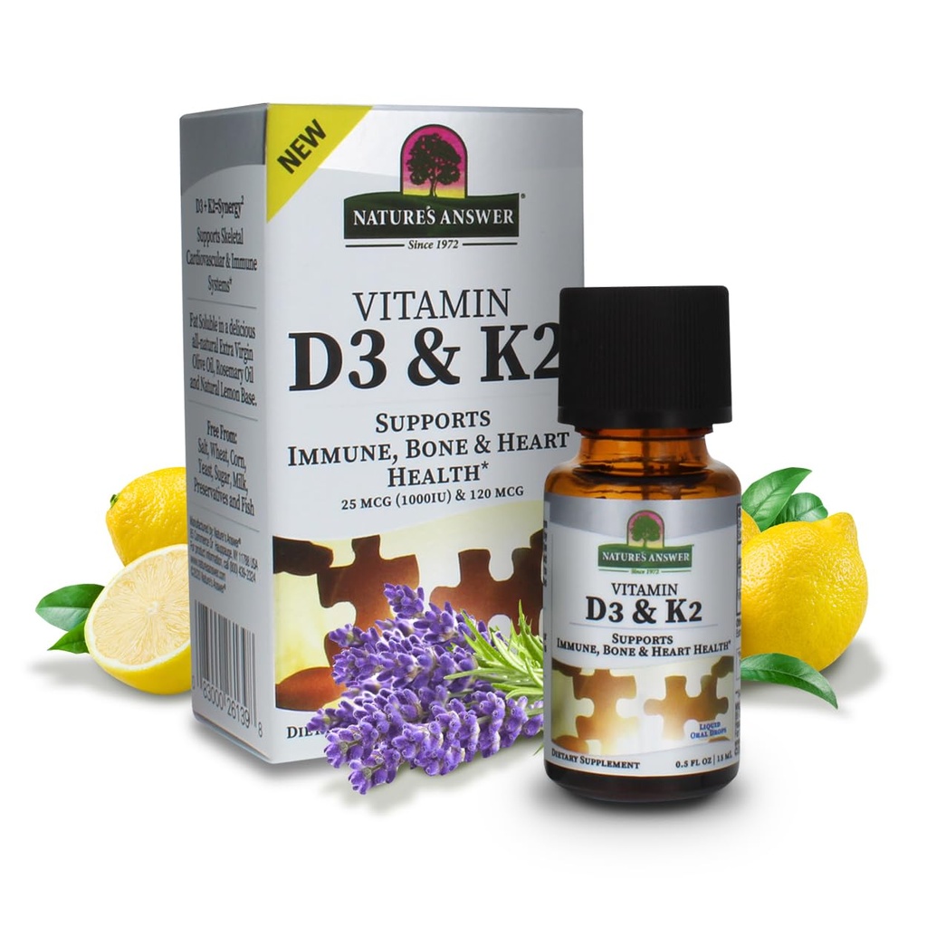 Vitamina D3 e K2, 0.5 oz - Gocce orali di estratto liquido - Supporta Immune, Bone e salute del cuore - in un Delizioso olio d'oliva, Rosemary Oil e Base di limone naturale