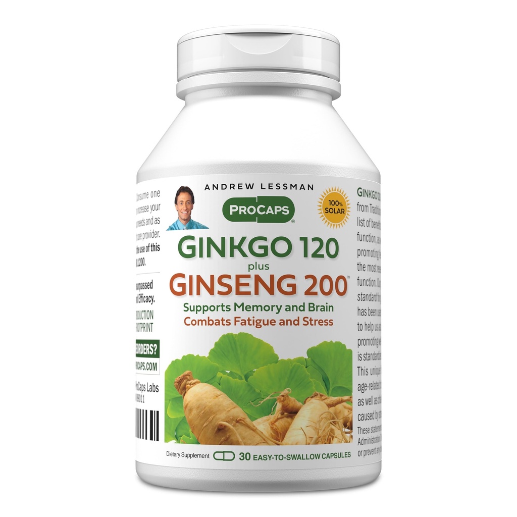 ANDREW LESSMAN Ginkgo 120 Plus Ginseng 200 mg - 30 capsule - miscela di estratto standardizzato per supportare il cervello, la memoria e la funzione cognitiva. Adaptogen, Combats Stress e Fatigue. Nessun Additivo
