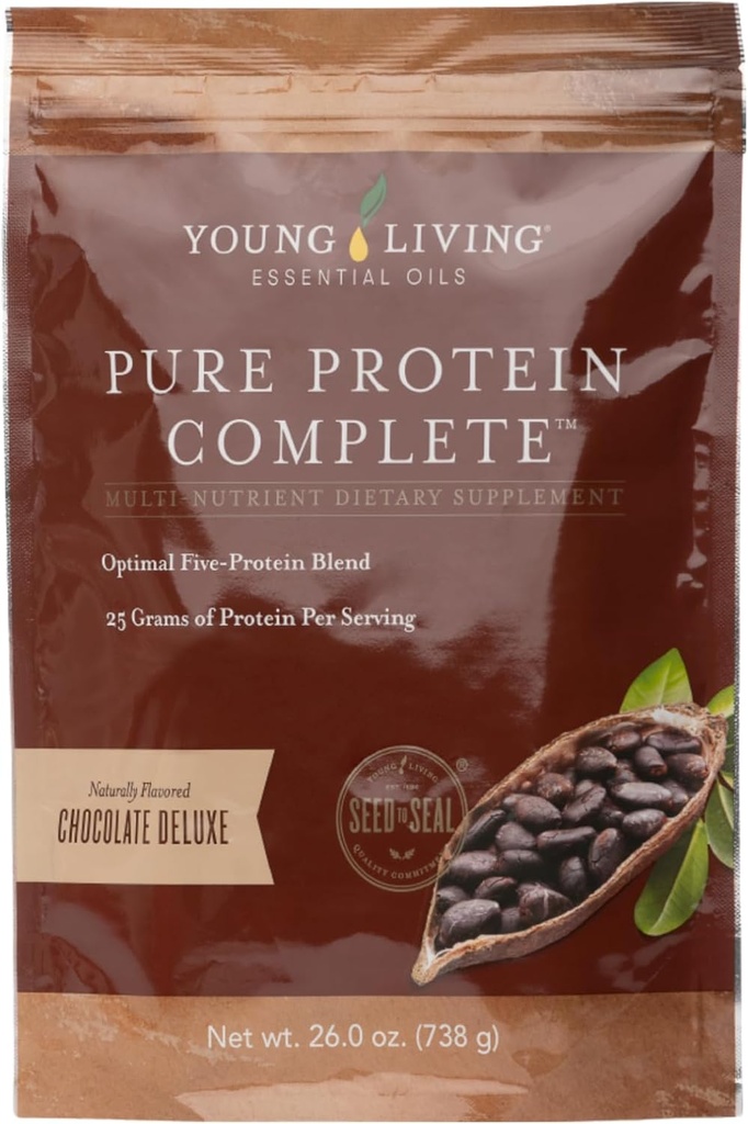 Young Living Pure Protein Complete Chocolate Deluxe, 26.0 oz- Supporto per il recupero muscolare magra e post-allenamento con oli essenziali e probiotici per il fitness