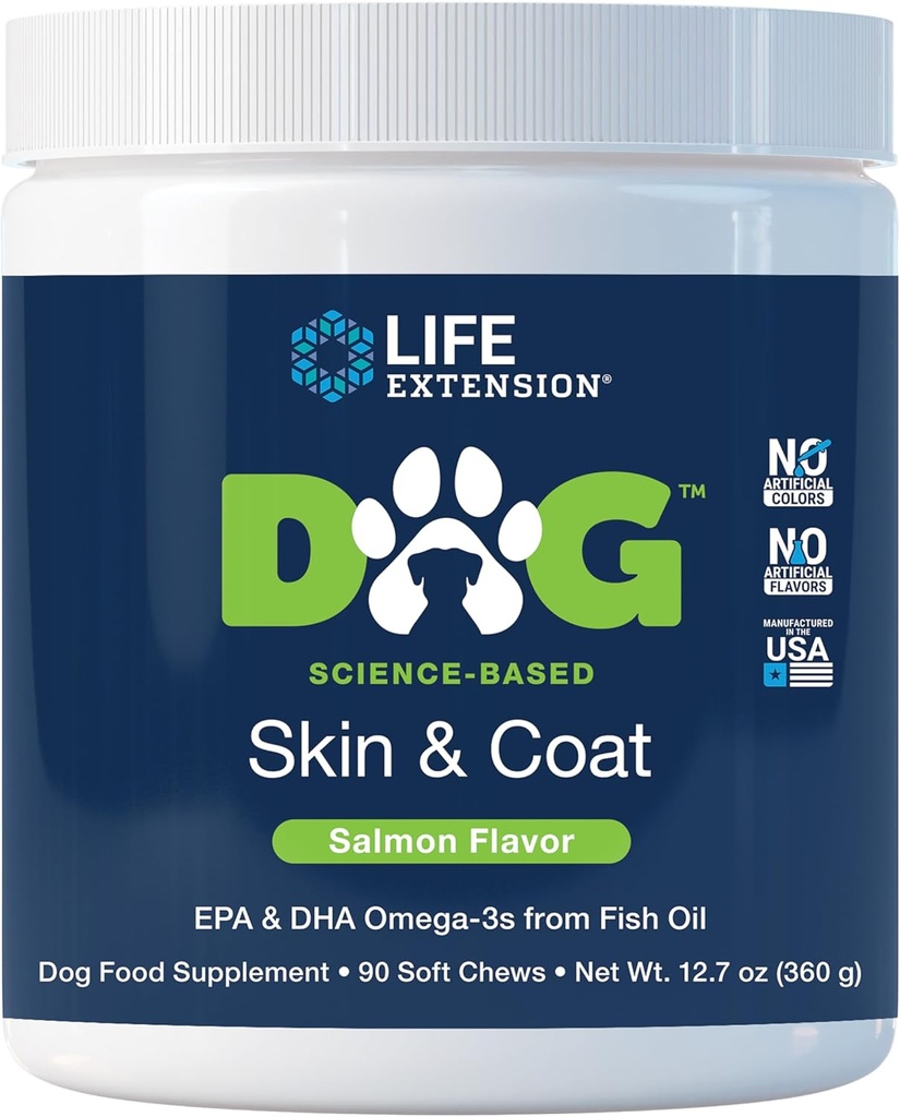 Pelle e Cappotto di Estensione della vita - Supplemento di cibo per cani per pelle sana e cappotto – Olio di pesce Omega-3 per cani, aroma di salmone, senza colori artificiali o aromi - 90