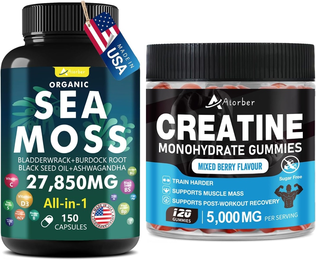 Sea Moss & Creatine Monohydrate Gummies Bundle 270 Conte – Organic Sea Moss Black Seed Oil Aşhwagandha Ginger & Creatine Monohydrate (2 Confezione)