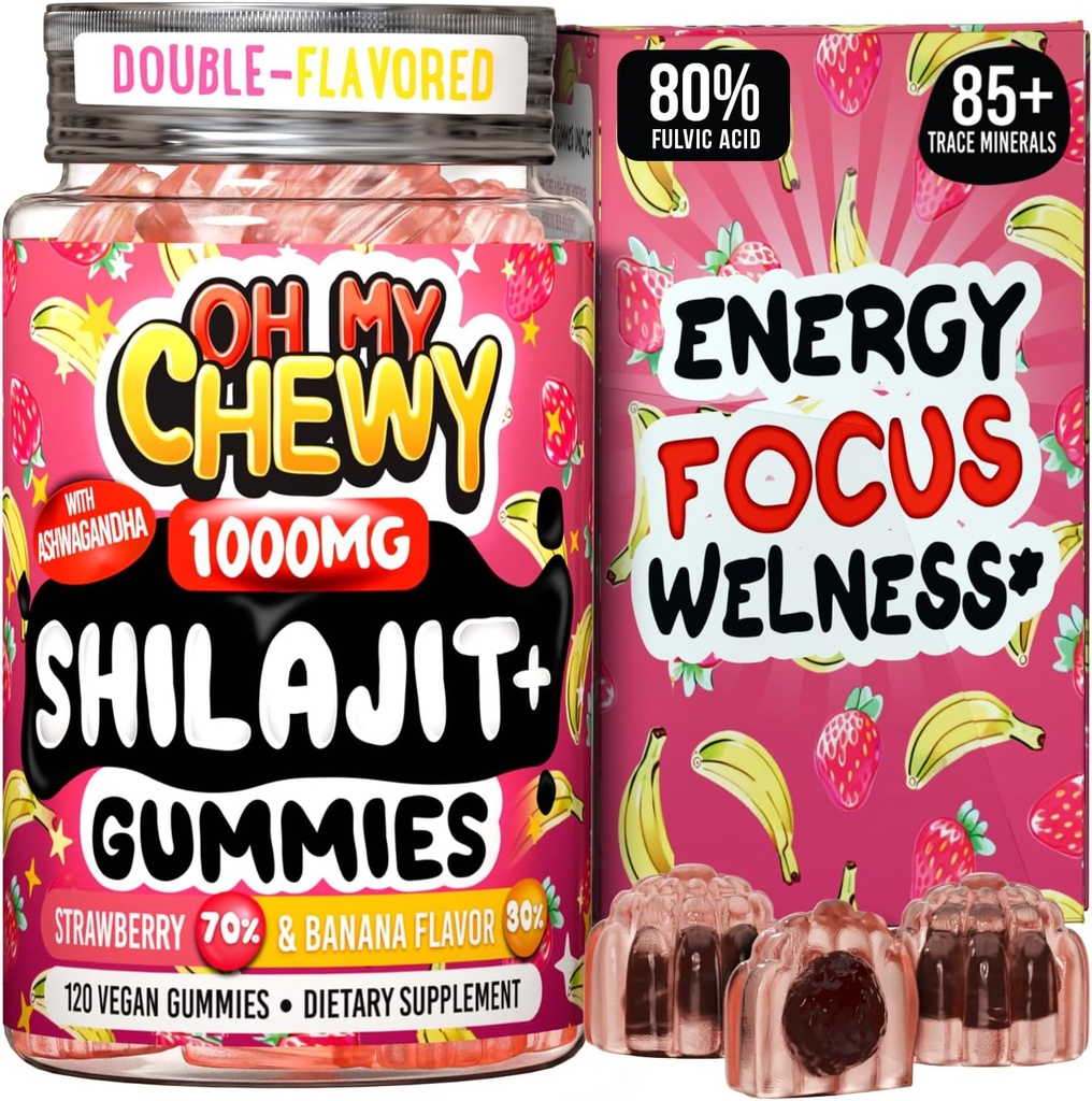Pure Himalayan Shilajit Gummies - High Potency Gold Grade Resina - Energy Boost e Supporto Immune per Uomini e Donne con Ashwagandha e Shatavari - 120 Gummy - Strawberry & Banana