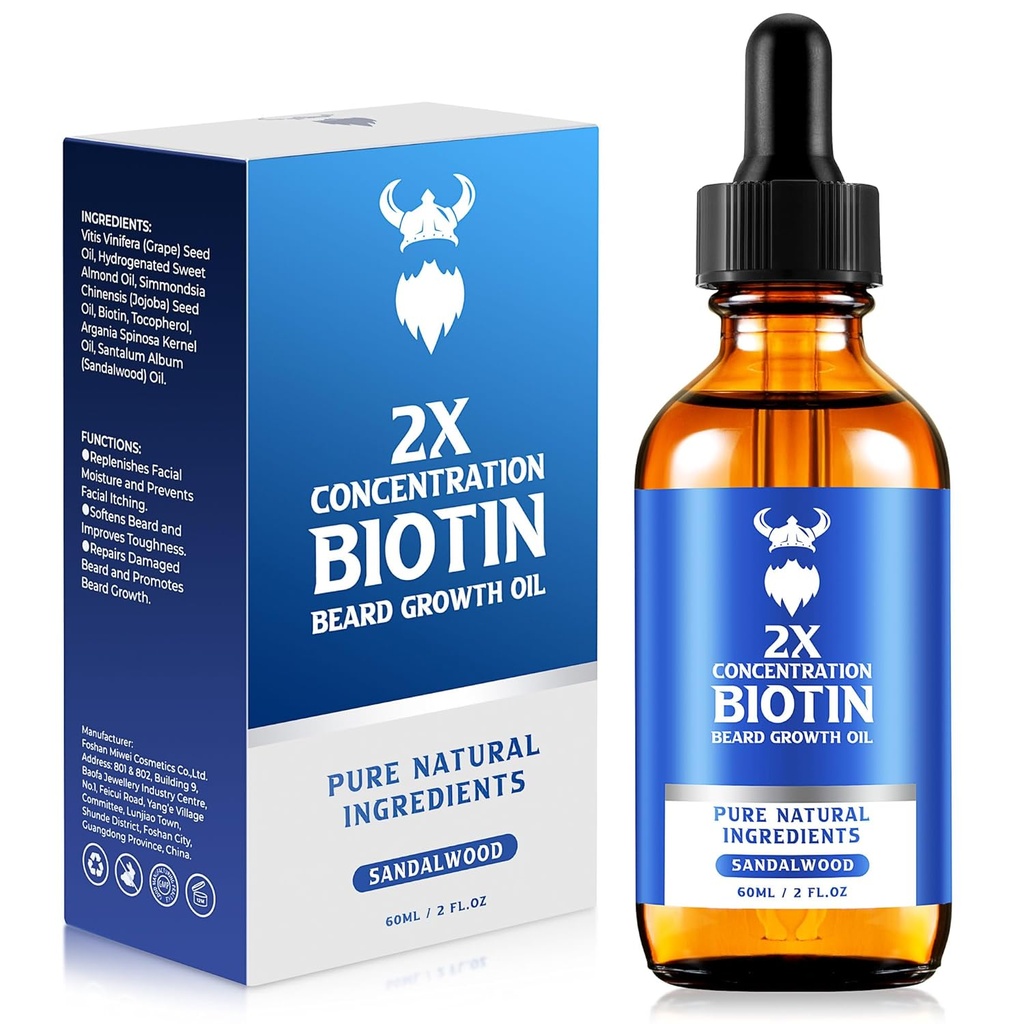 Olio Di Crescita Del Cuscinetto - 2X Concentrazione Olio Di Cuscinetto Biotina per Uomini (2 oz) - Olio Di Cuscinetto Naturale Mens con Olio di Argan, Olio di Jojoba e Vitamina, Morbillo Di Crescita Del Cuscinetto, Moisturizer (Sandalwood)