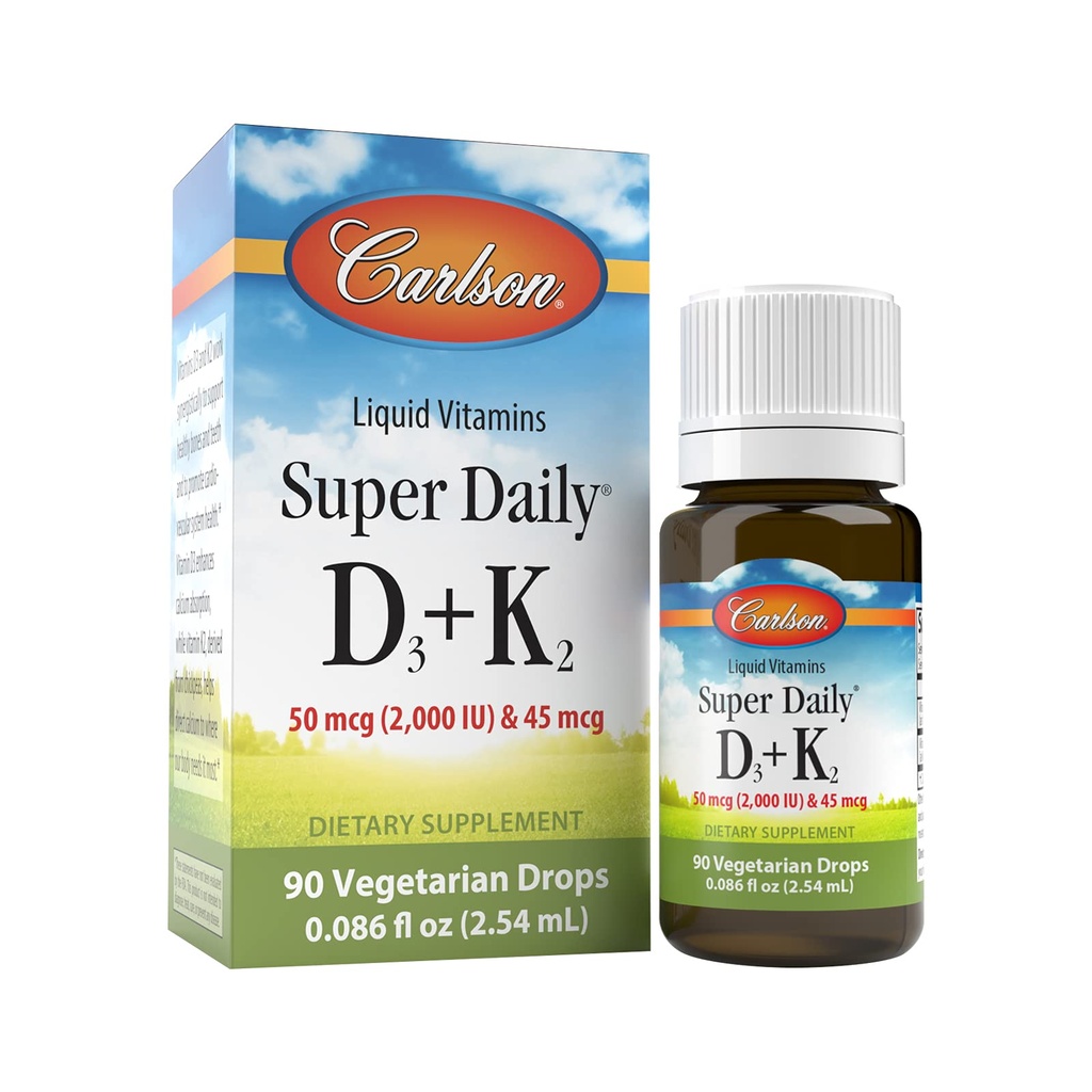 Carlson - Super Daily D3 + K2, 50 mcg D3 + 45 mcg MK-7, Heart & Bone Health, 90 gocce liquide, 2.54 ml