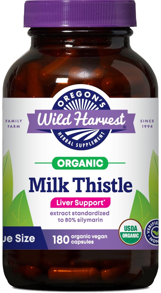L'Oregon's Wild Harvest Milk Thistle Organic Non-OGM Herbal Supplement - pullulan (Plant sourced) Vegan Capsules, 180 Count