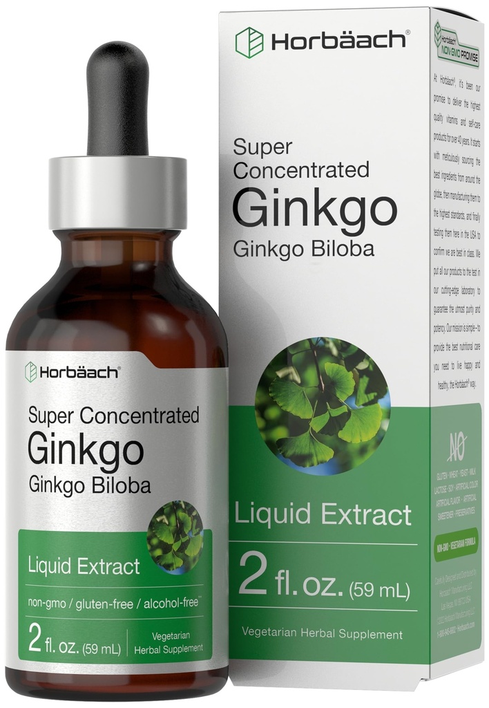 Horbäach Ginkgo Biloba estratto liquido 2 fl oz | Integratore di erbe senza alcool | Vegetariano, Non OGM, Gluten Free