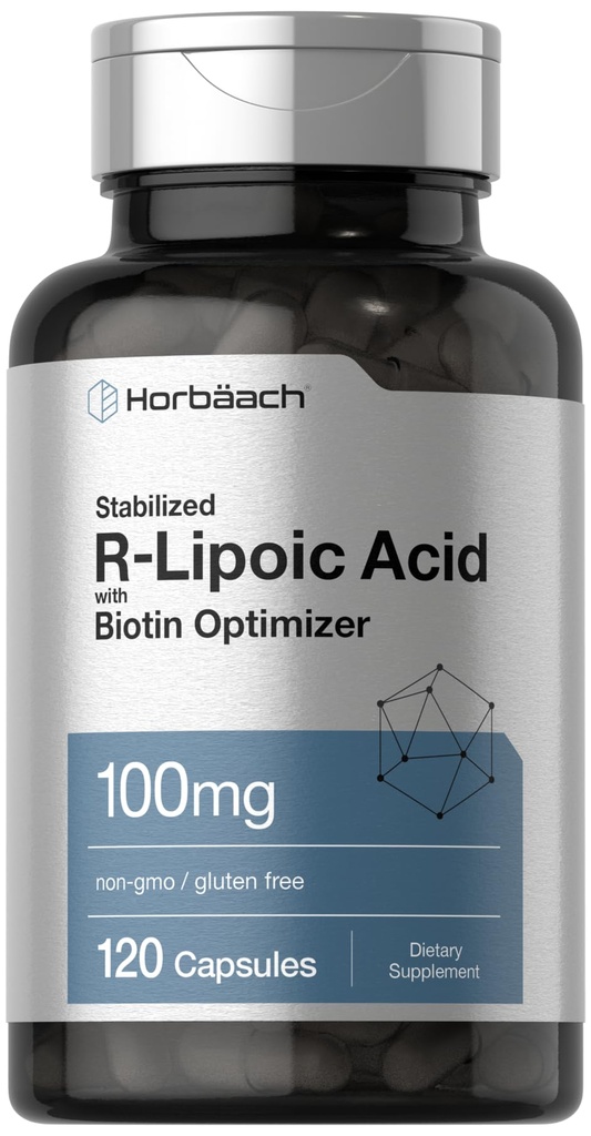 Horbaach R-Lipoic Acid 100 mg | 120 capsule | con Biotin Optimizer | Non-GMO, Gluten Free | Integratore di acido R-Lipoico stabilizzato