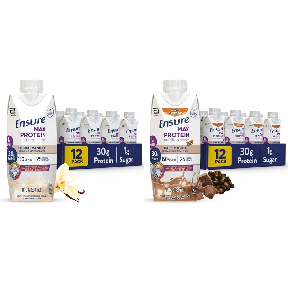 Assicurare Max Protein Nutrition Shake con 30g Protein, 1g Sugar, High Protein Shake, French Vanilla & Cafe Mocha, Liquid, 11 fl oz (Pack of 12) Bundle
