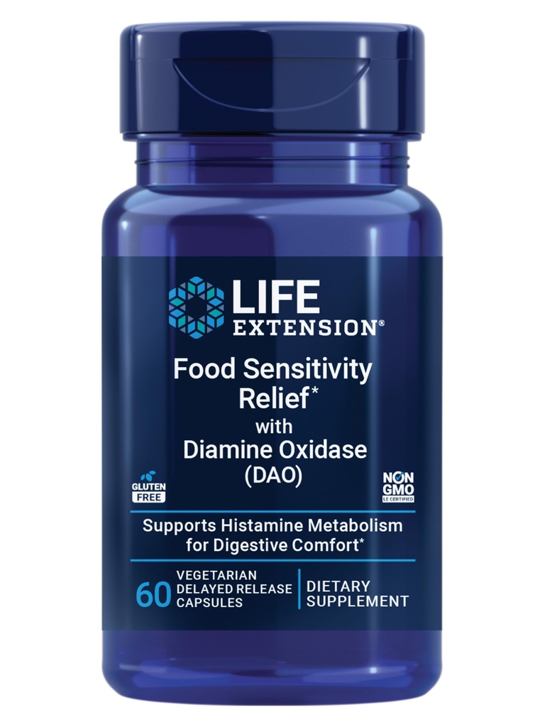 Rilievo di sensibilità alimentare di Estensione di vita con Diamine Oxidase (DAO), Gas occasionale, Comfort digestivo, sensibilità istamina, supplemento di enzima DAO, senza glutine, non OGM, Vegetariano, 60 capsule