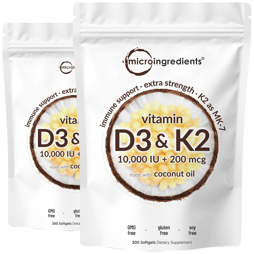 2 Confezione Vitamina D3 10000 iu Plus K2 (MK-7) 200 mcg, 300 Virgin Coconut Oil Softgels | 2 in 1 Vitamine D & K Complex | Supporta l'assorbimento del calcio, Bone, Immune, & salute del cuore – Facile da ingoiare