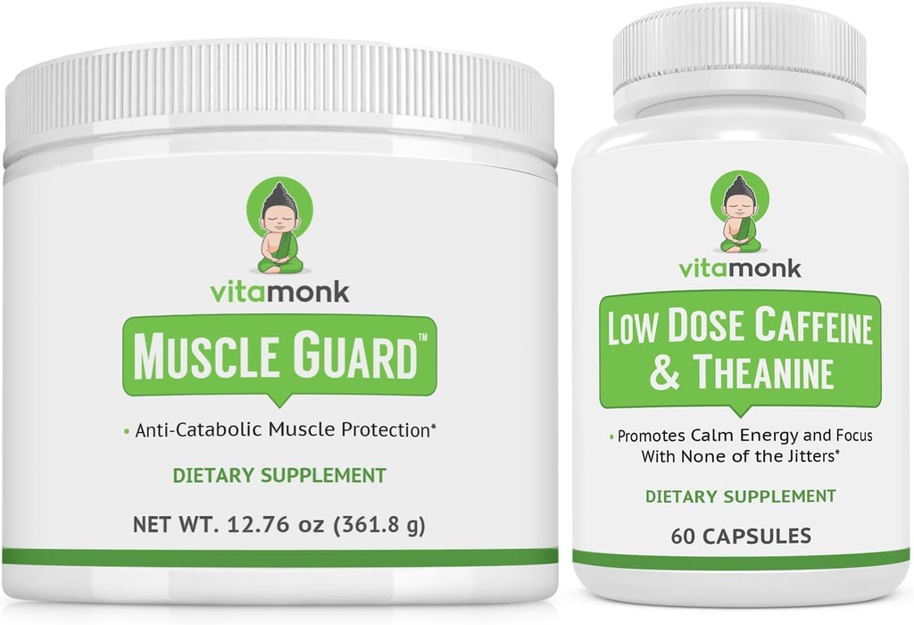 VitaMonk Muscle Guard & Low Dose Caffeine Bundle, HMB, EAA, Vitamina D, Magnesio per la crescita del muscolo e la caffeina con L-teanina, Smooth Energy Boost, Integratori per gli uomini e le donne, Muscle & Focus Support